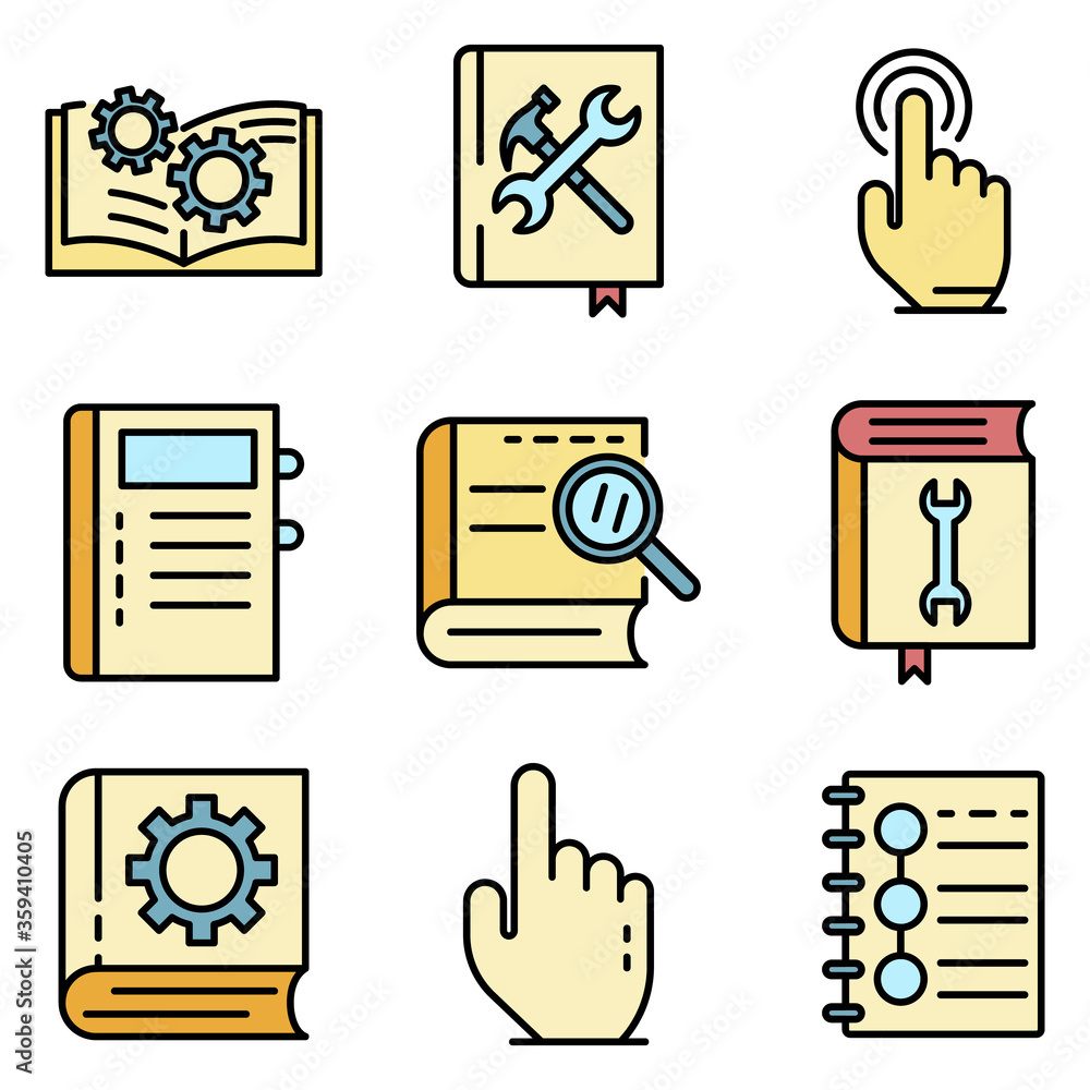 Poster user guide icons set. outline set of user guide vector icons thin line color flat on white