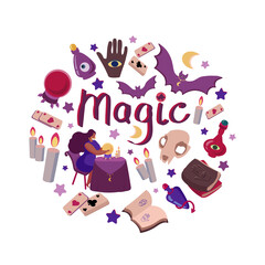 A mystical wreath with the attributes of divination and magic and occultism: a crystal ball, a bat, magic books, divination cards, candles, a skull, bottles with potions and eyes, stars. Isolated