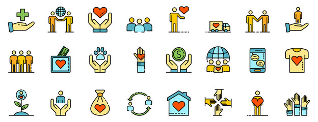 Volunteering icons set. Outline set of volunteering vector icons thin line color flat on white