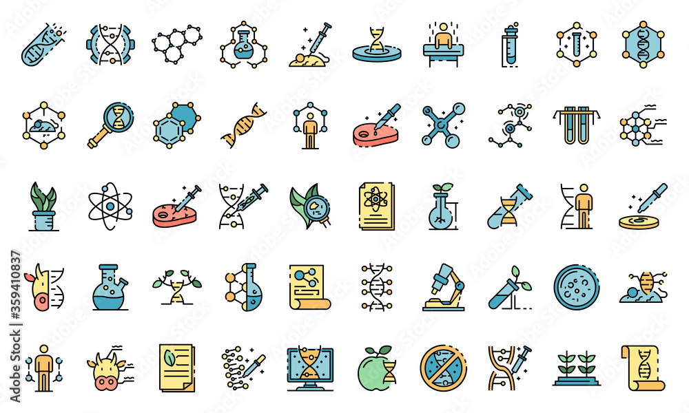 Poster genetic engineering icons set. outline set of genetic engineering vector icons thin line color flat 