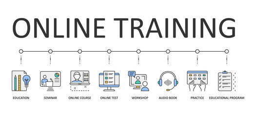 Online training web banner infographics. Editable Stroke Vector Icons. Audio book educational program. Workshop online course test seminar education practice