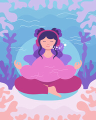 Obraz na płótnie Canvas Underwater meditation of teenager girl. Young woman sits and meditates in lotus yoga pose for best focus. Concept of self care, wellness, mindfulness and balance. Rest - vector illustration