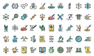 Genetic engineering icons set. Outline set of genetic engineering vector icons thin line color flat on white