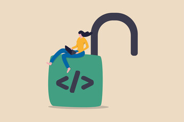 Open source programming, digital products include permission to use the programming source code concept, programmer working lady using computer laptop working on unlock lock with coding symbol.