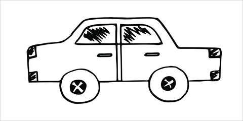 
A hand-drawn vector doodle black and white passenger car that is suitable for use in illustrations of traffic rules, the creation of car symbols, for children's printing, stories on the street.