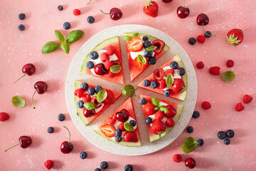 watermelon pizza slices with yogurt and berries, summer dessert