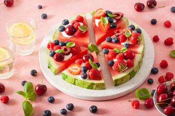 watermelon pizza slices with yogurt and berries, summer dessert