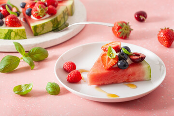 watermelon pizza slices with yogurt and berries, summer dessert
