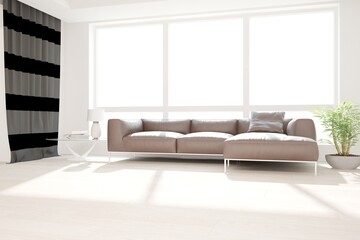 modern room with sofa,curtains,table,lamp,magazines and plants interior design. 3D illustration
