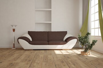 modern room with sofa,lamp,curtains and plants interior design. 3D illustration
