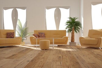 modern room with sofa,pillows,armchairs,palm in pot,table and plant interior design. 3D illustration