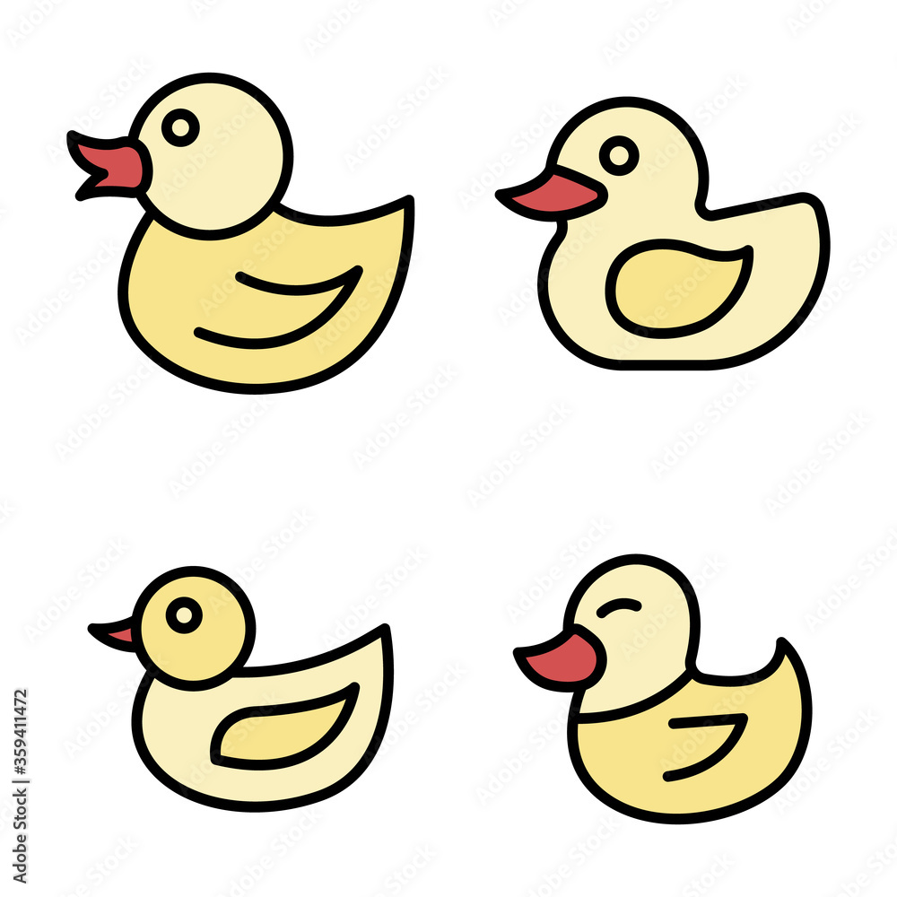 Poster duck icons set. outline set of duck vector icons thin line color flat on white