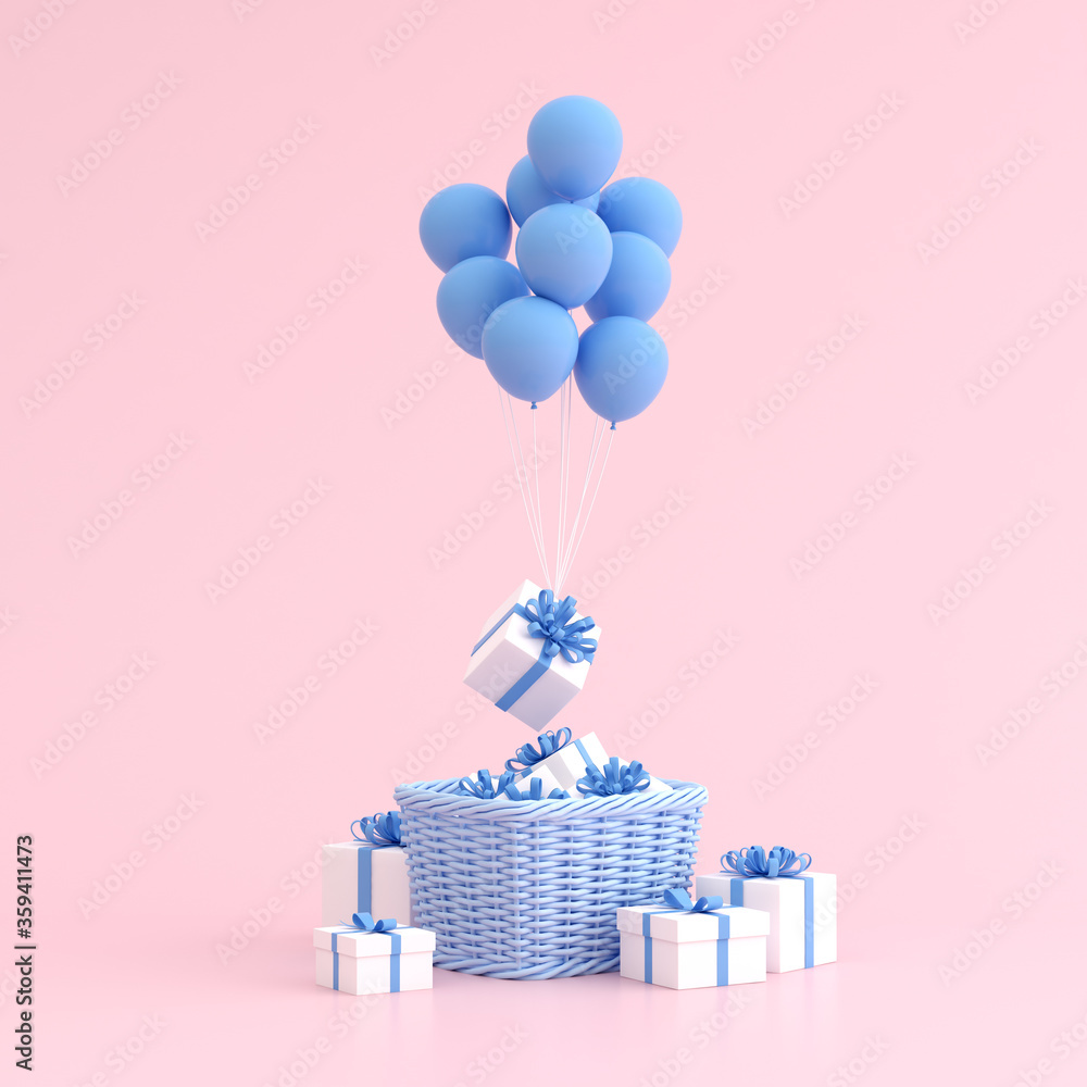 Poster Mock up of gift box in basket and balloons. 3D rendering.	
