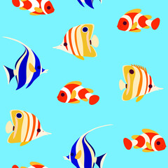 Naklejka premium Simple trendy seamless pattern with coral fish - clown fish, butterfly fish and moorish idol fish. Flat vector illustration.