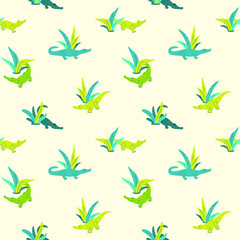 Simple seamless trendy pattern with cartoon crocodile and tropic leaves. Cartoon vector illustration.