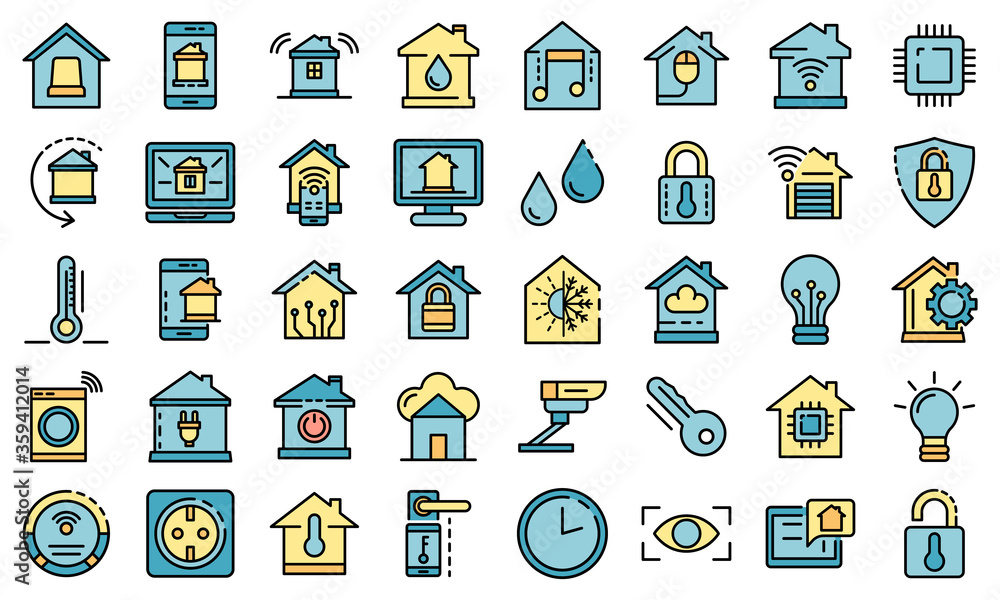 Poster smart home icons set. outline set of smart home vector icons thin line color flat on white