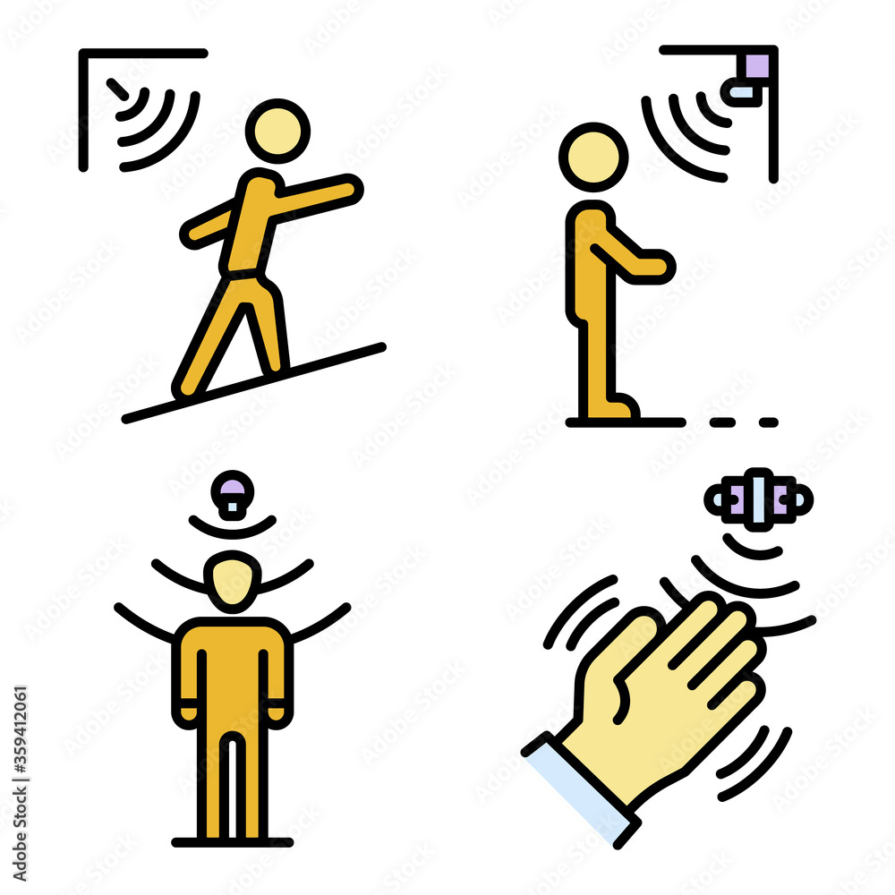 Poster motion sensor icons set. outline set of motion sensor vector icons thin line color flat on white