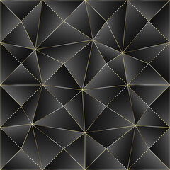 Abstract geometric seamless pattern. Golden and dark black low poly repeated background. Vector illustration.