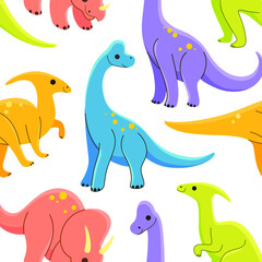 Cartoon dinosaur - seamless trendy pattern with ceratops, parasaurolophus, brachiosaurus,  stegosaurus. Flat vector illustration on white background.
