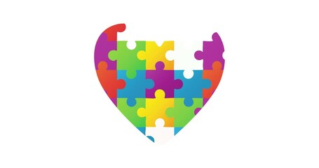 Digitally generated video of with puzzle elements forming heart shape against white background - Powered by Adobe