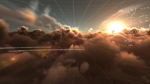 Digitally generated video of data processing against morning sky with clouds in background