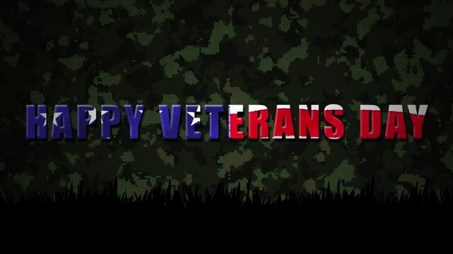 Digitally generated video of Happy Veterans Day text against camouflage background