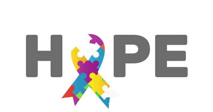 Digitally generated video of hope text with puzzle elements forming autism symbol against white back