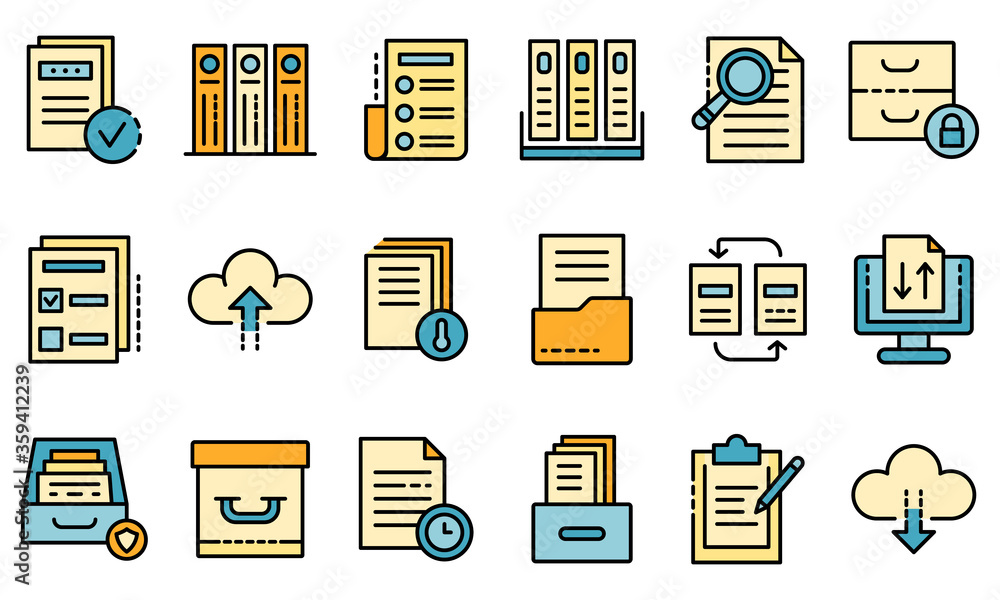 Poster archive icons set. outline set of archive vector icons thin line color flat on white