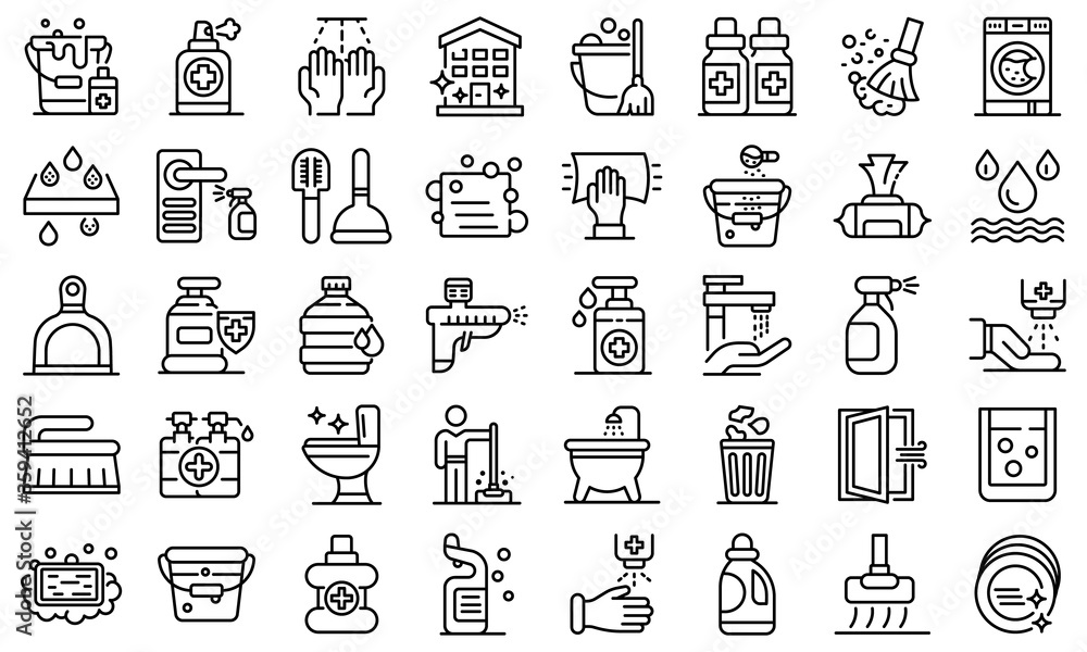 Poster disinfection icons set. outline set of disinfection vector icons for web design isolated on white ba