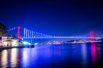 Istanbul Bosphorus Bridge at night. 15th July Martyrs Bridge (15 Temmuz Sehitler Koprusu). Istanbul, Turkey.