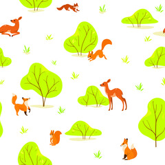Simple seamless trendy pattern with squirrel, fox, fawn and green bushes. Cartoon vector illustration for prints, clothing, packaging and postcards. 