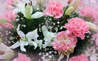 pink and white roses, lily and carnation