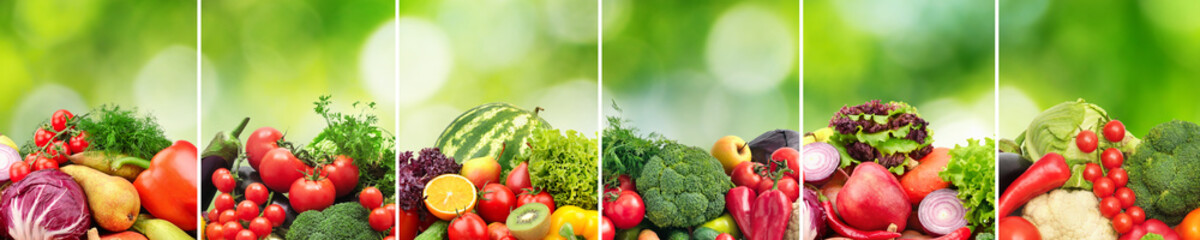 Collage fruits and vegetables divided vertical lines on green natural background.