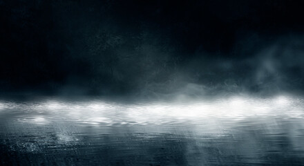 Dark street, room, wet asphalt, puddles, neon light. Reflection of neon light in the water. Night view of the dramatic city, smoke, smog, fog, shadow. Neon lights of the night city.