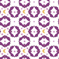 Seamless vector pattern Magic bat. .The moon and stars in the sky. .Cartoon stylization, flat style. Isolated on a white background Purple and beige color