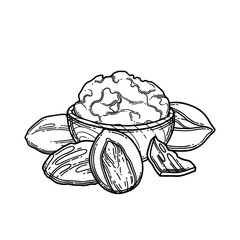 Graphic wooden bowl with shea butter inside and nuts around