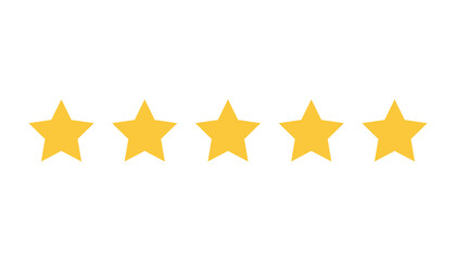 Five yellow starts. Gold rating sign. Quality symbol. Rating with stars shape. Feedback icon in golden colors. Positive evaluation. Best rank. Service review. Isolated set. Vector EPS 10.