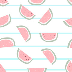Pink watermelon slice with bones design on striped blue background seamless pattern wallpaper backdrop. Vector stock  illustation 