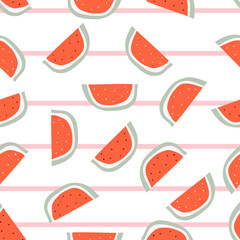 Red watermelon slice with bones design on striped pink background seamless pattern wallpaper backdrop. Vector stock  illustation 