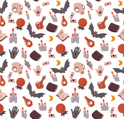 Seamless vector pattern Prediction the future, Magic, mystic. Attributes of occultism: crystal ball, candles, skull, magic books, potion bottles, arm. Orange and gray color. Isolated on white.