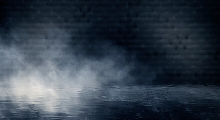 Dark street, room, wet asphalt, puddles, neon light. Reflection of neon light in the water. Night view of the dramatic city, smoke, smog, fog, shadow. Neon lights of the night city.