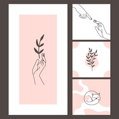 Contemporary style cards. Cute sleepy cat, female hands with branches. Abstract banners template vector set