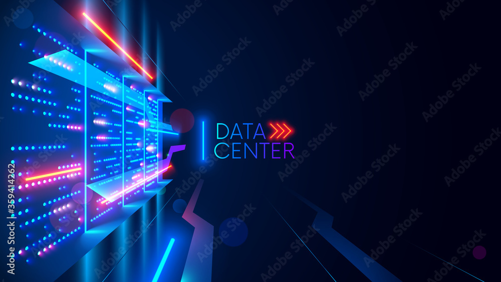 Aufkleber Data center or digital storage. Server rack with glowing lights. Abstract tech background of cloud computing, networking technology. Data stream processed and warehouse by server. Conceptual banner.