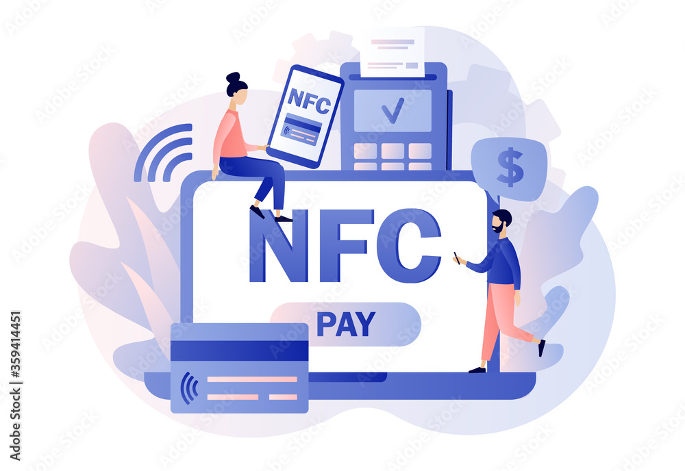 Poster nfc payment. tiny people use pos-terminal and payment systems. financial transactions, terminal and 
