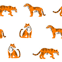 Fototapeta na wymiar Seamless trendy animal pattern with tiger. Flat design print in cartoon style.