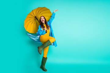 Full length profile photo of attractive lady good mood rainy weather hood head puddles hold big yellow umbrella wear raincoat sweater pants gum boots isolated teal color background © deagreez