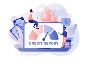 Fototapeta na wymiar Credit report online. Credit rating. Personal credit score information and financial rating. Tiny people analysts credit risk control.Modern flat cartoon style. Vector illustration on white background