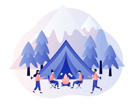 Camping concept. Tiny people in summer camp with tent, campfire, mountains and forest. Nature tourism. Modern flat cartoon style. Vector illustration on white background
