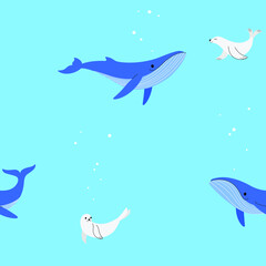Simple seamless trendy animal pattern with blue whale and seal. Cartoon vector illustration.