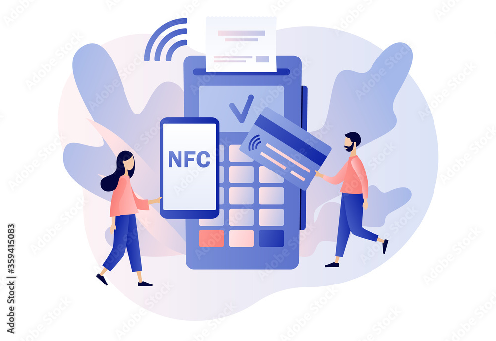 Poster nfc payment. tiny people use pos-terminal and payment systems. financial transactions, terminal and 